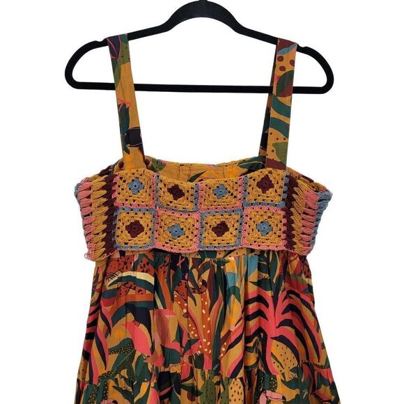 Farm Rio Anthropologie Dress Crochet Tiered Ruffle Midi Colorful Tiger Tropic L - Picture 11 of 16